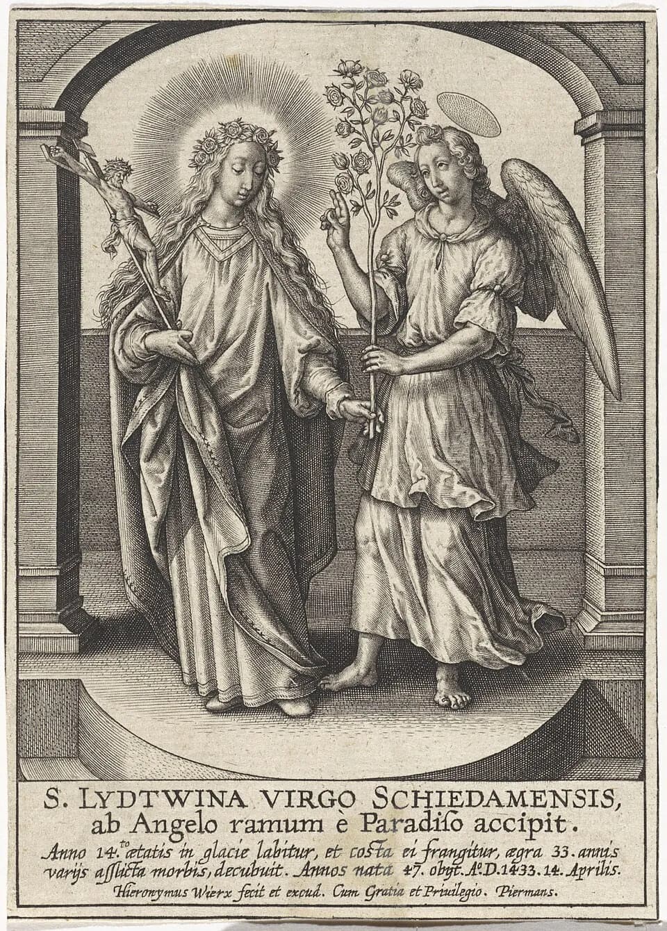 Engraving of a young woman with long loose hair, a wreath of roses and a halo, holding a crucifix, as a winged angel beside her hands her a flowering branch of roses; a Latin caption below names her as Lidwina, virgin of Schiedam