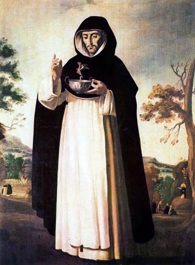 Painting of Saint Louis Bertrand standing in a landscape in the black and white Dominican habit, his hood raised, holding a silver chalice from which a small winged serpent rises while he raises his right hand