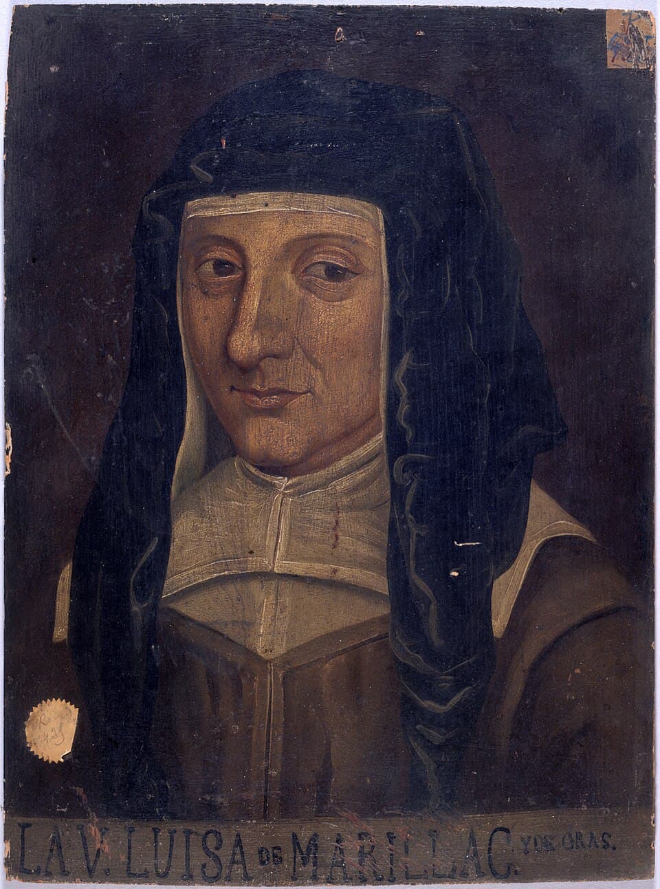 Saint Louise de Marillac in a black hood over a white headcloth and collar, painted head and shoulders on a dark ground, with "La V. Luisa de Marillac y de Gras" lettered along the bottom edge