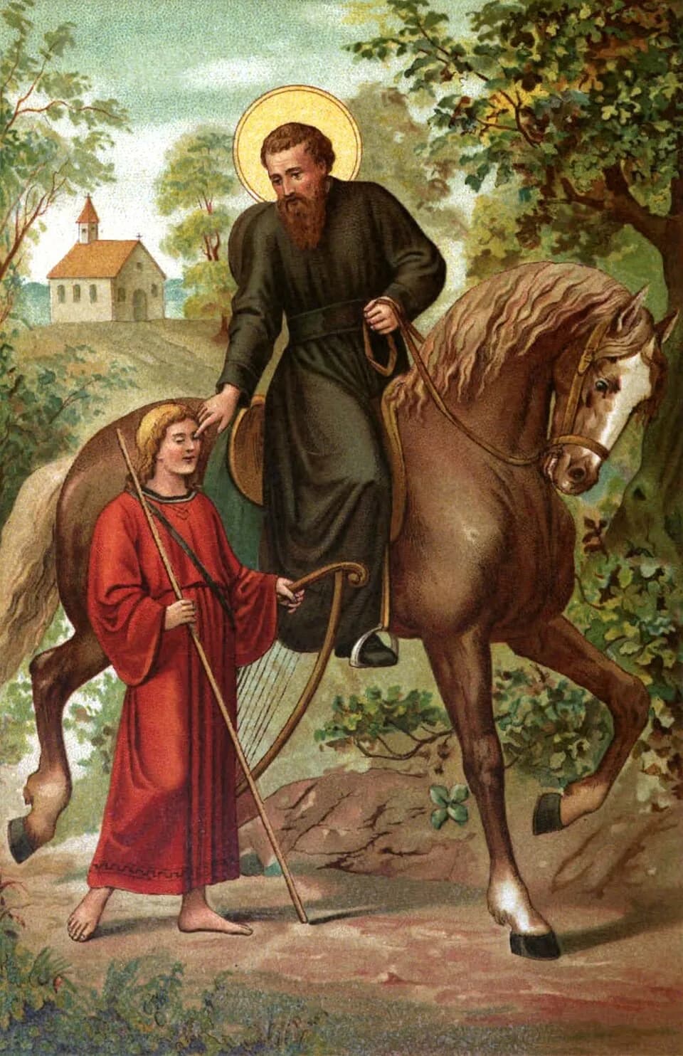 Color lithograph of a bearded, haloed man in a dark belted habit on a chestnut horse, leaning down to touch the eyes of a barefoot youth in a red robe who carries a staff and a small harp, with a chapel on a hill behind them
