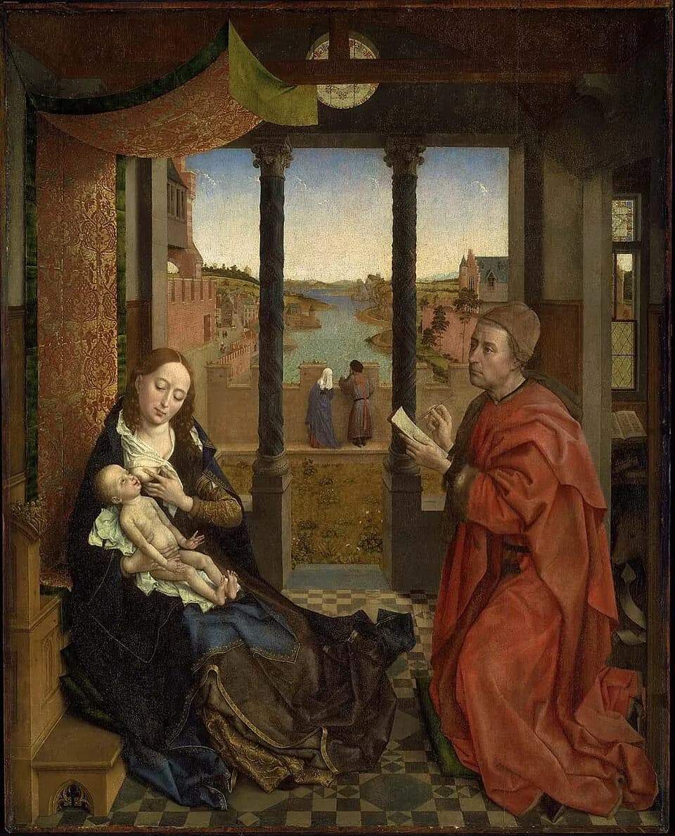 Pintura de Rogier van der Weyden de San Lucas con túnica roja, arrodillado dibujando a la Virgen María mientras amamanta al Niño Jesús, con un paisaje de río visto entre las columnas detrás de ellos