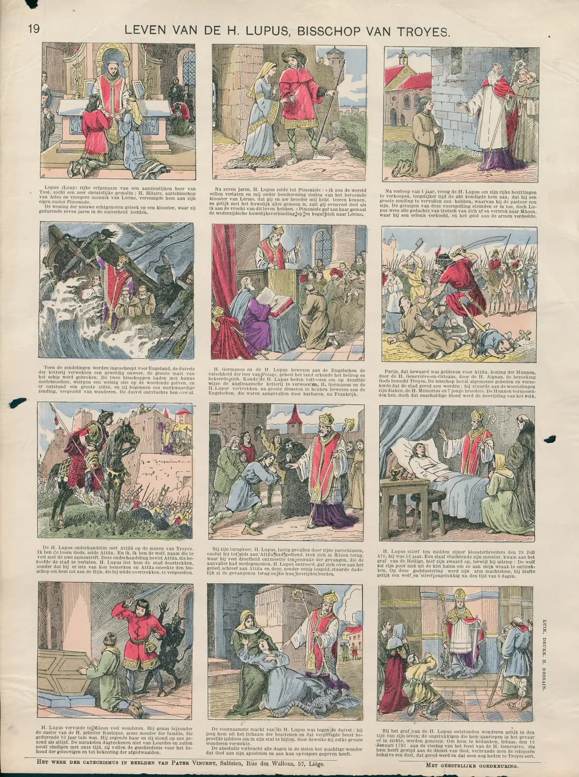 Hoja devocional del siglo XIX coloreada a mano, titulada LEVEN VAN DE H. LUPUS, BISSCHOP VAN TROYES, con doce escenas con leyenda en cuatro filas: una boda ante un altar, una despedida junto a la puerta de una ciudad, un obispo que bendice a un hombre arrodillado, un barco en la tormenta, una predicación desde el púlpito, hunos que atacan a unos clérigos, un jinete ante las murallas, un obispo entre la gente, un lecho de muerte, un hombre con una espada y un demonio, un obispo que cura a una mujer y un obispo sobre un altar rodeado de suplicantes