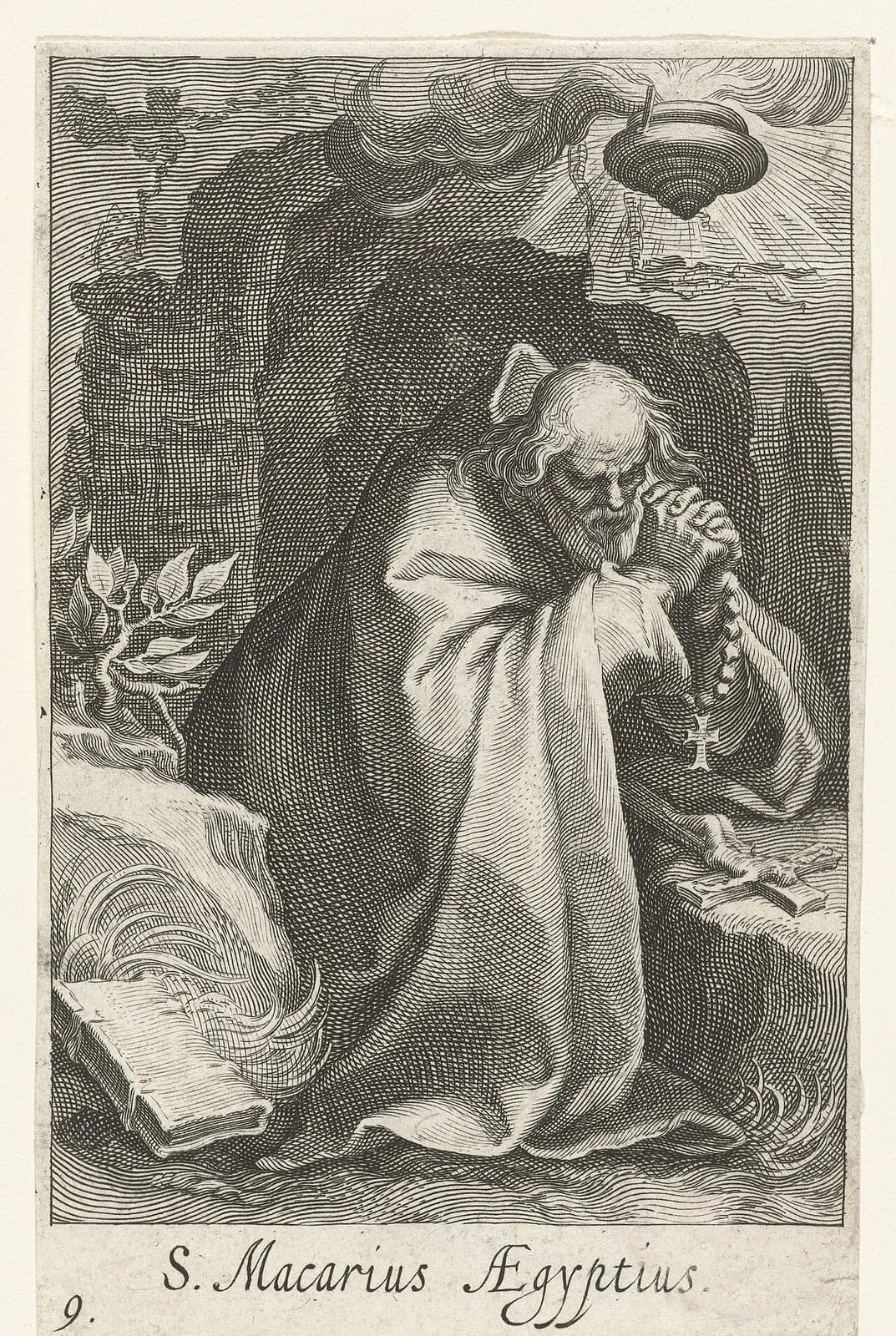 Engraving of an old bald hermit with a long beard, in a heavy robe, kneeling in a rocky cave with his hands clasped around a string of beads and a cross, an open book and a crucifix on the rocks before him and light streaming from a cloud above, captioned S. Macarius Aegyptius