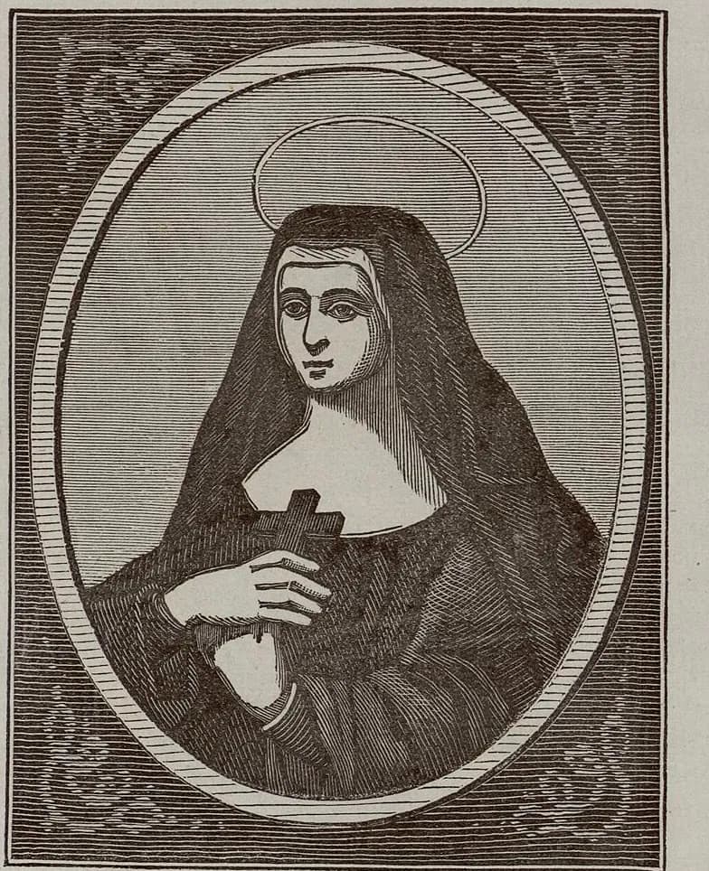 Nineteenth-century woodcut in an oval frame of a young woman in a dark veil and habit with a white wimple and a thin ring halo, looking to one side and holding a small dark cross against her chest with both hands
