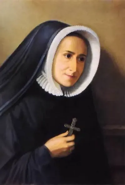 Painted half-length portrait of Madeleine Sophie Barat in a black habit and a white fluted bonnet, holding a small crucifix and looking to the side with a slight smile