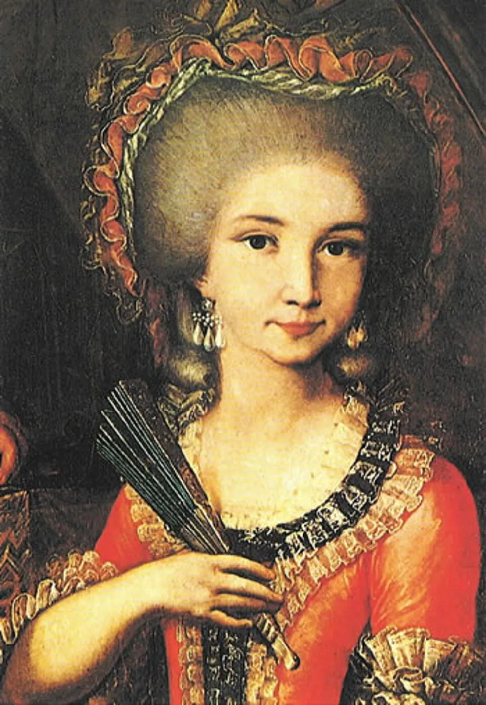 Painted portrait of Magdalene of Canossa as a young noblewoman, with powdered hair under a ruffled orange bonnet, pearl earrings and a red dress trimmed with lace, holding a closed fan against her chest