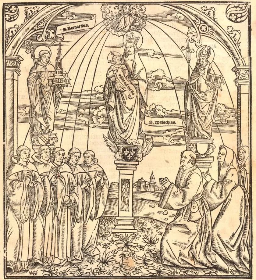 A woodcut of the crowned Virgin holding the Christ Child on a pillar, with Saint Bernard holding a model church on the left and Saint Malachy in a bishop's miter with a cross-staff and book on the right, above a group of monks and kneeling donors