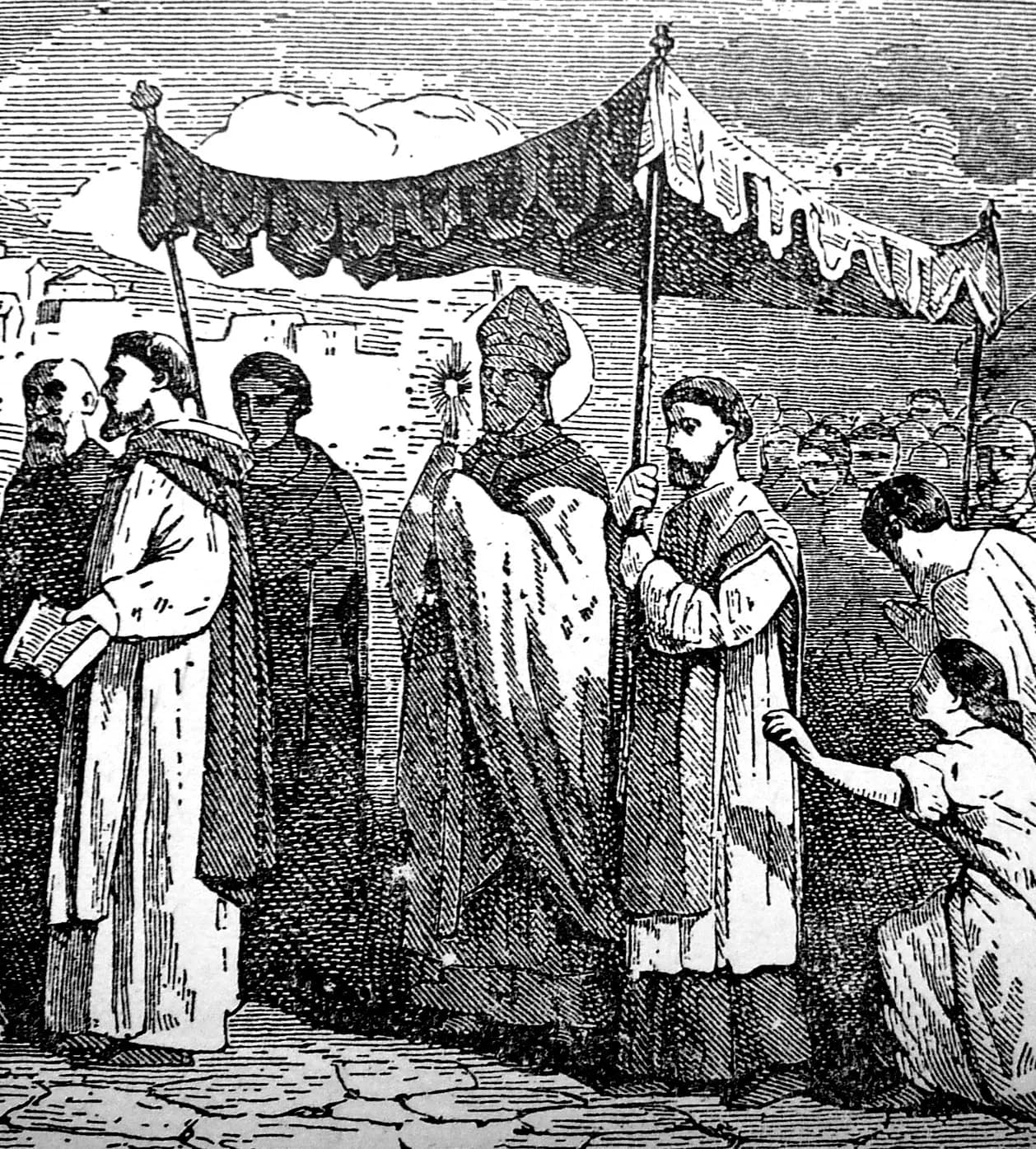 Nineteenth-century black and white engraving of a haloed bishop in miter and cope walking in procession beneath a fringed canopy carried on poles, with monks and clerics around him and townspeople kneeling and reaching toward him at the right