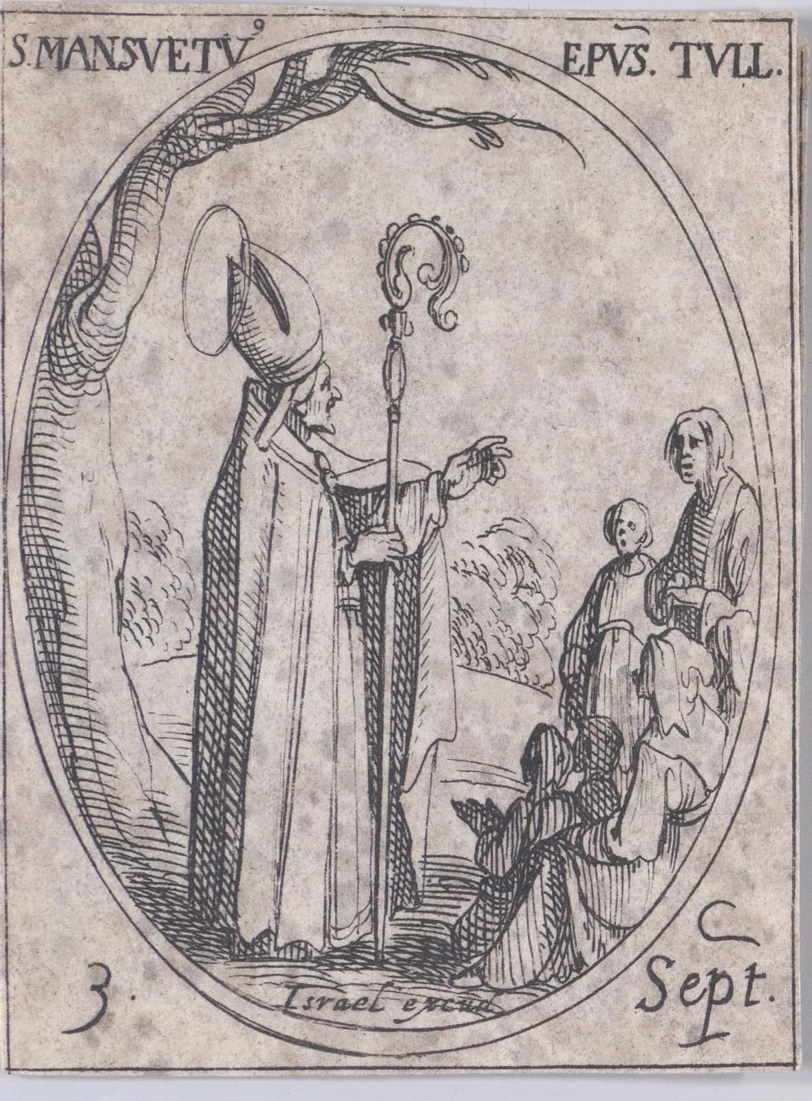 Pequeño aguafuerte del siglo XVII en un marco oval: un anciano obispo con aureola y mitra, con báculo, alza la mano hacia un grupo de personas, dos de pie y otras arrodilladas, bajo un árbol que se arquea, con la inscripción S. Mansuetus Epus. Tull. y 3 Sept