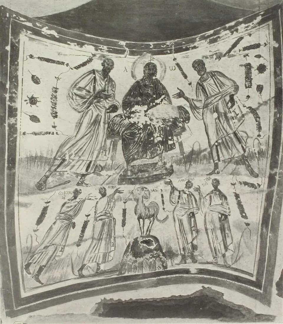 Black-and-white reproduction of a catacomb fresco: Christ enthroned between two apostles above, and below, four standing saints with their names written beside them, Gorgonius, Petrus, Marcellinus and Tiburtius, on either side of the Lamb of God on a hill