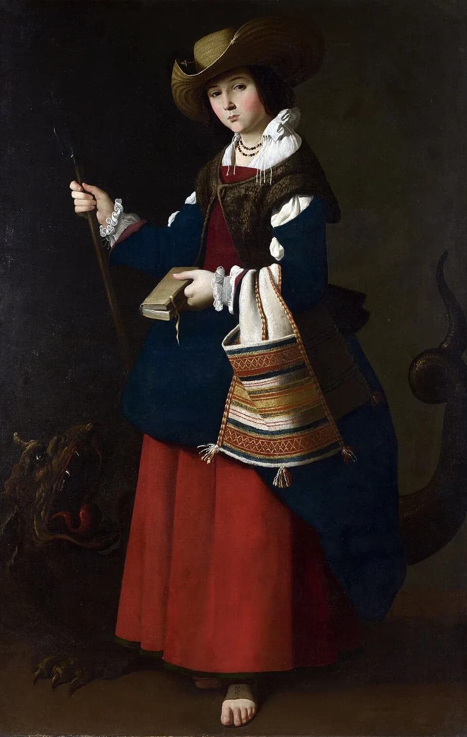 A young woman in a wide straw hat, a red skirt and a dark blue coat holds a shepherd's crook and a small book, with a woven bag on her arm, while a dragon with an open mouth lurks behind her in the shadows