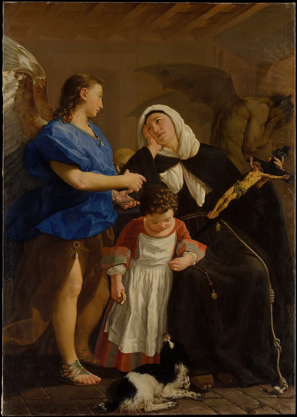A painting of Saint Margaret of Cortona in a black habit and white wimple, resting her cheek on one hand and holding a crucifix, with an angel offering a crown of thorns, her small son in a white pinafore beside her and a black and white dog at her feet