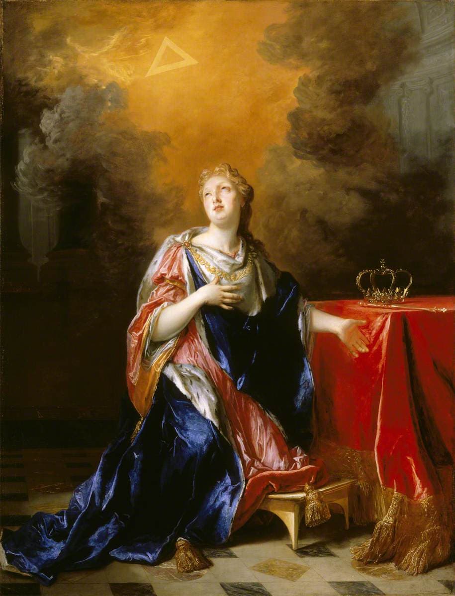 A painting of Saint Margaret of Scotland kneeling in blue velvet and ermine with a rose-colored mantle, one hand at her breast and the other resting beside a crown and scepter on a red-draped table, looking up into a golden light