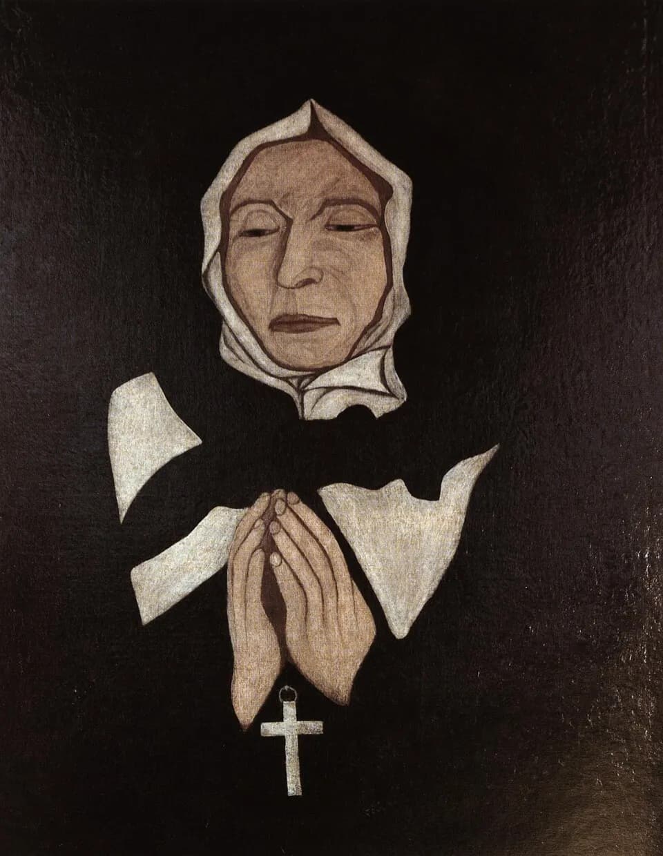 Stark oil portrait of an elderly woman in a white hood and a black dress with white collar points, her eyes lowered and her hands joined in prayer above a small white cross, against a black background