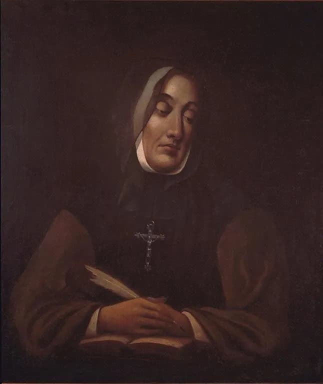 Dark oil portrait of an older woman in a black hood with a white lining and a brown dress, eyes lowered, a crucifix on her chest, holding a quill pen over an open book
