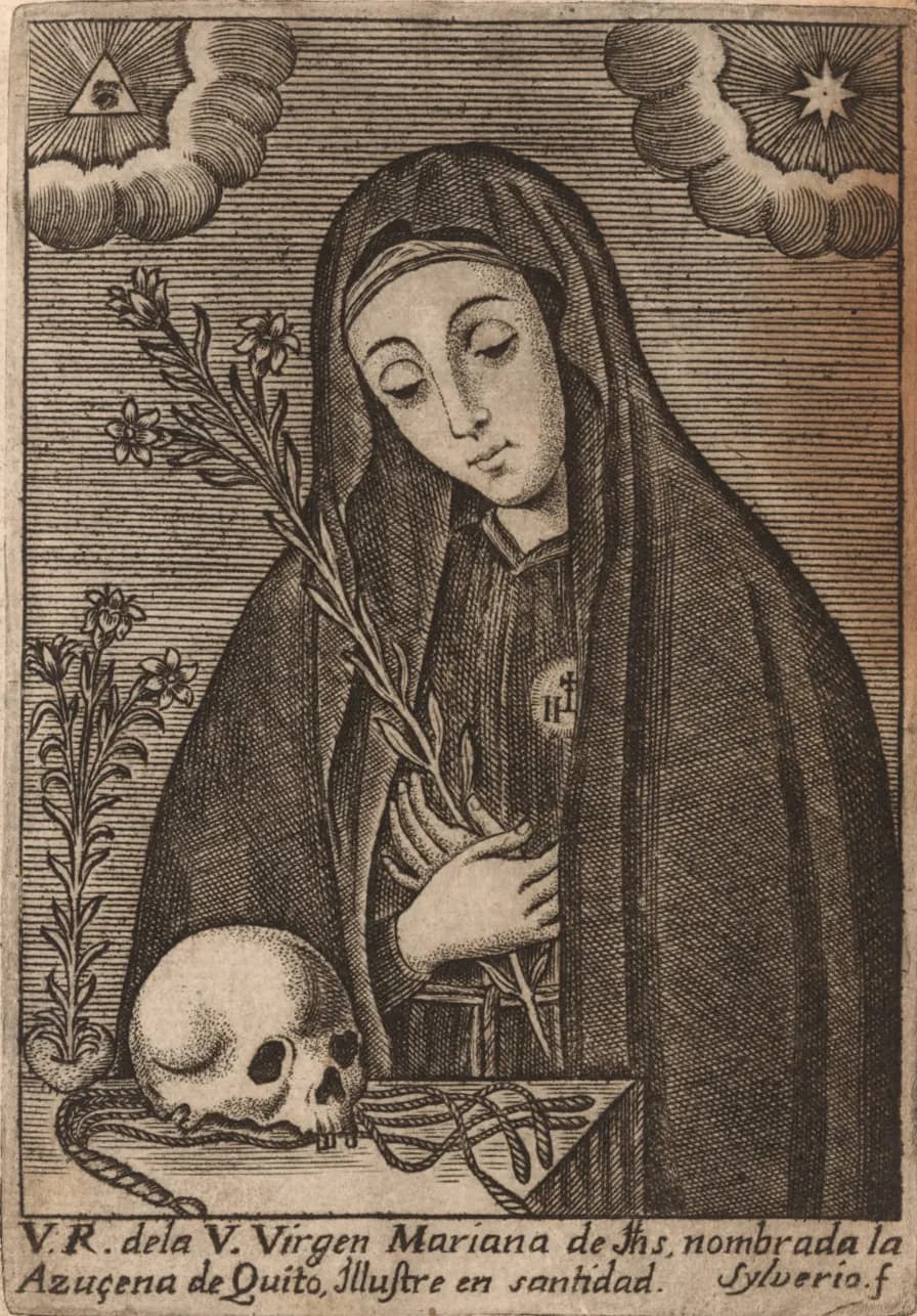 Engraving of a young woman in a dark veil and mantle, eyes lowered, holding a lily stem to her breast, with a skull and a knotted scourge on the table before her and another lily growing beside it, under the eye of God and a star in the clouds