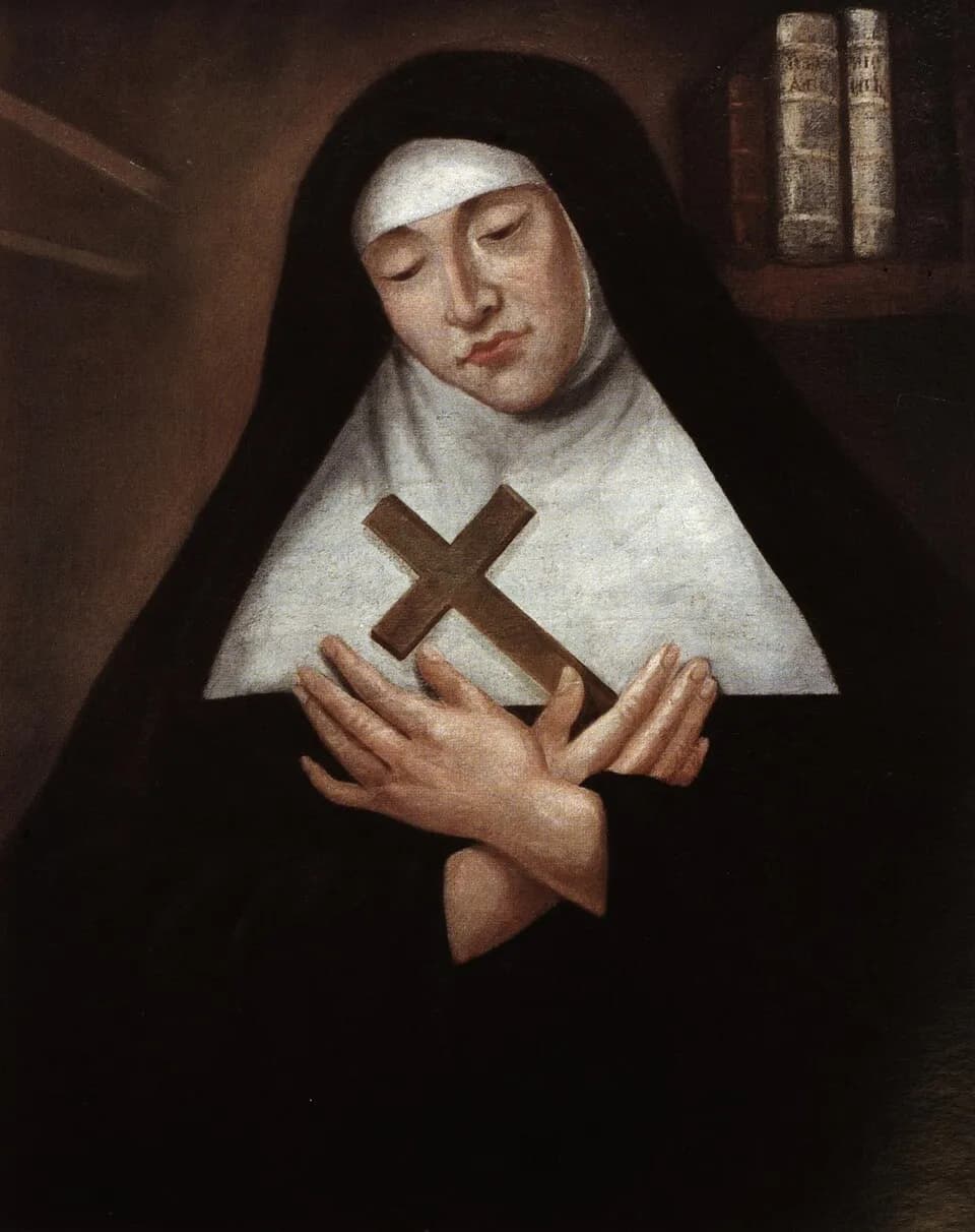 Oil portrait of a nun in a black veil and a wide white wimple, her eyes lowered and her hands crossed on her breast over a plain wooden cross, with two old books on a shelf behind her