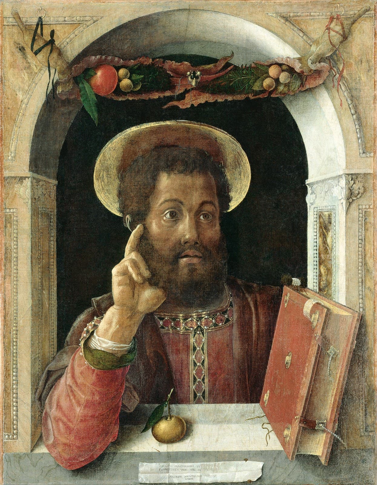 Mantegna's panel of Saint Mark seated at a stone window ledge in a red robe, a book in front of him, looking out over the sill