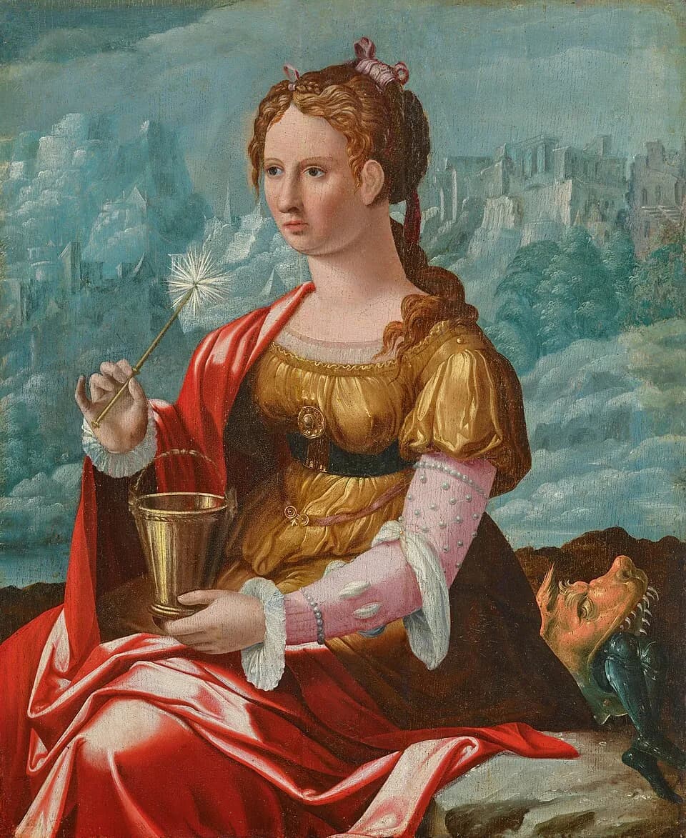 A seated young woman with braided auburn hair, in a gold dress and red cloak, holds a small bucket and a sprinkler before a blue mountain landscape with a city, while a grotesque scaly beast crouches at her side