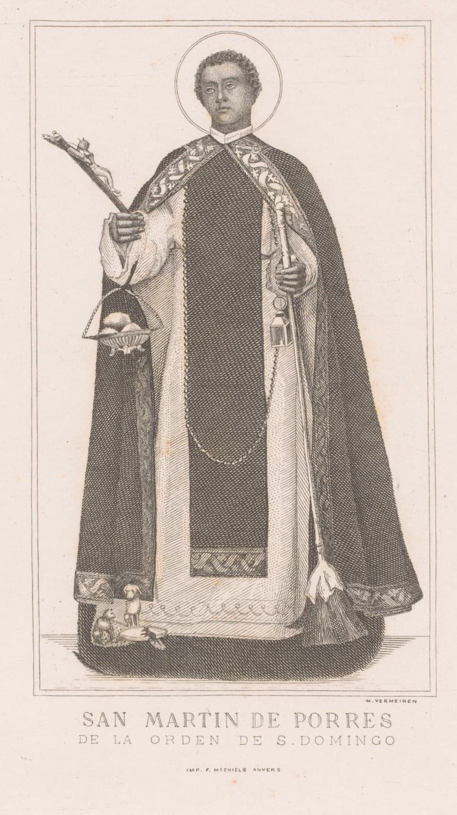 Engraving of Saint Martin de Porres standing in the Dominican habit and cloak, with a halo, holding a crucifix and a basket of bread, a broom at his side and a small dog and cat at his feet