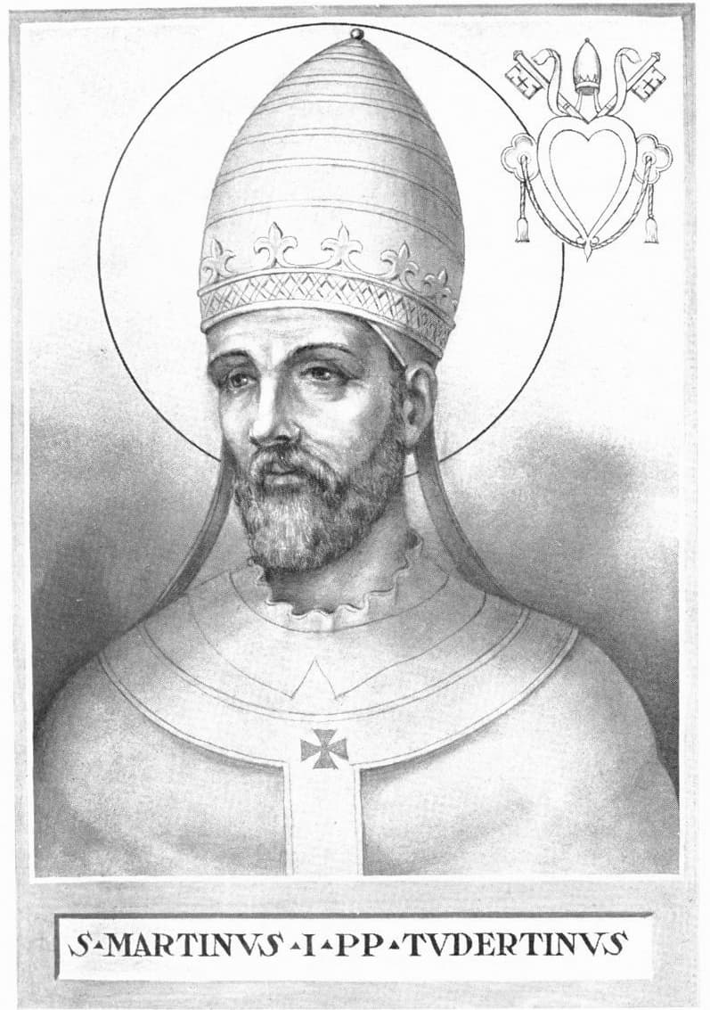 An engraved portrait of Pope Martin I in the papal tiara, lettered beneath with his name and Tudertinus, of Todi, the town the encyclopedia gives as his birthplace