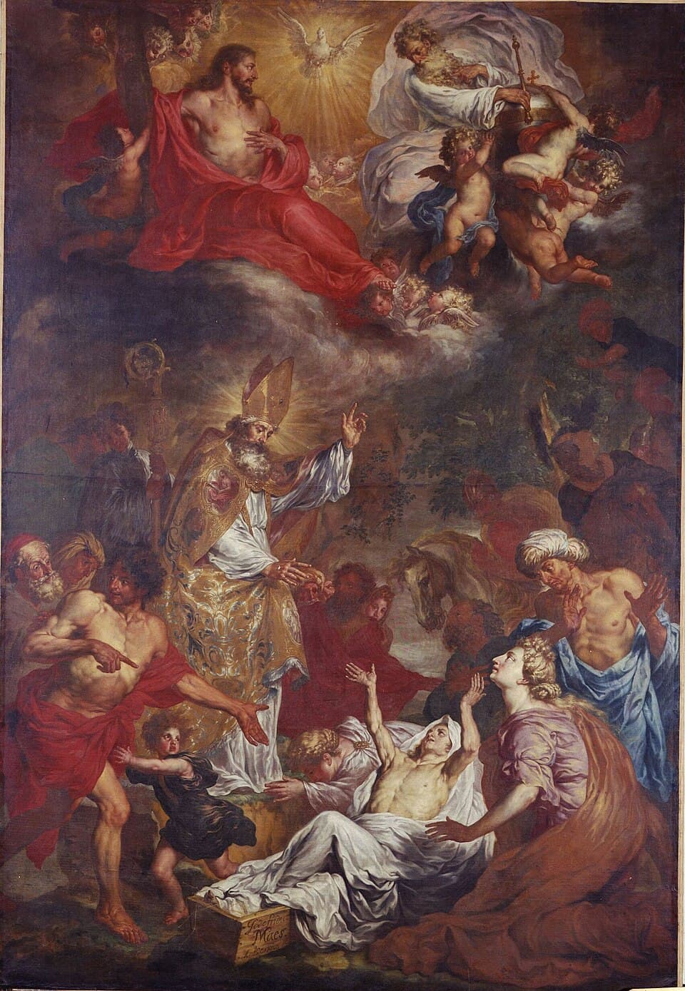 A large altarpiece of Saint Martin of Tours in a gold mitre and cope, one hand raised over a shrouded man rising from the ground, with a crowd pressing round and Christ and the Holy Spirit in the clouds above
