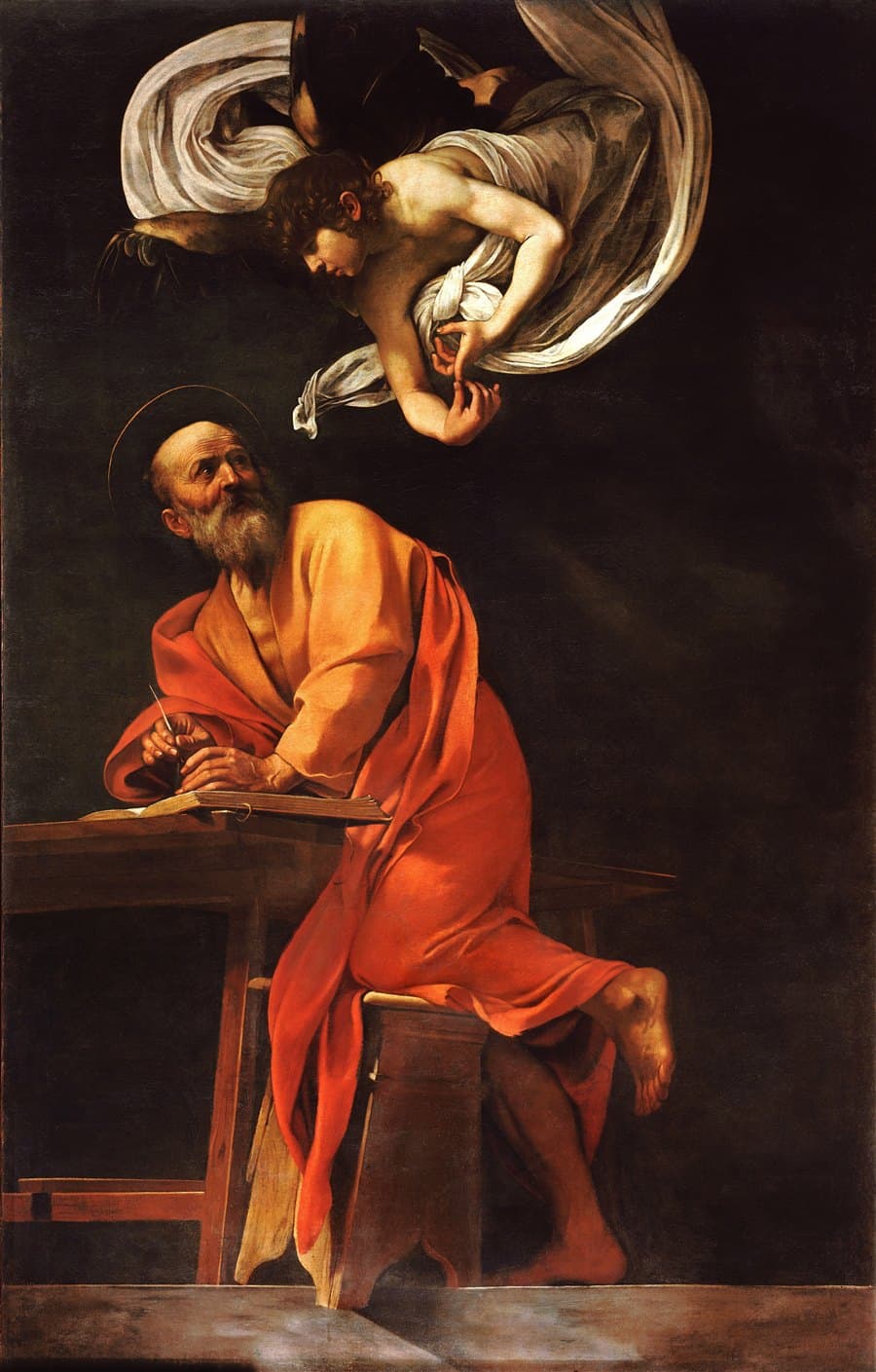Saint Matthew writing his Gospel with an angel beside him, painted by Caravaggio