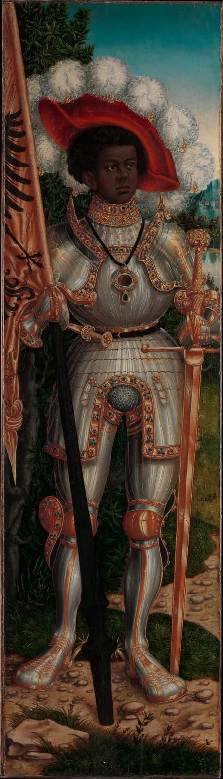Tall narrow panel painting of Saint Maurice as a Black knight in silver armor trimmed with gold and jewels, wearing a red hat with white plumes and holding a banner with a black eagle in one hand and a sword in the other