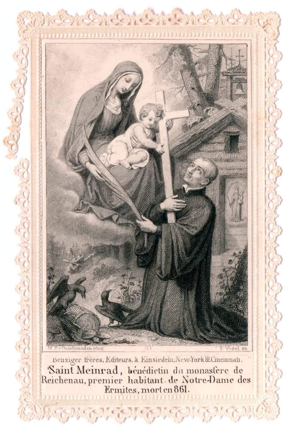 Engraved holy card of Saint Meinrad kneeling in a black habit outside a log hermitage, holding a cross and a palm branch that the Virgin and Child hand down to him from a cloud, with two ravens at his feet and a French caption below