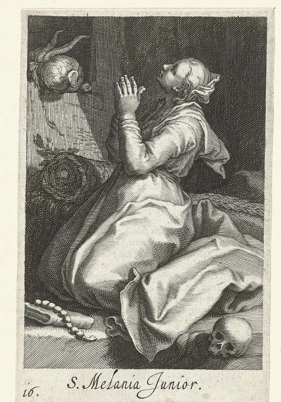 Engraving of a woman in a loose robe and headcloth kneeling in a dark cell with her hands raised in prayer and her face turned upward, a skull and a string of prayer beads on the ground beside her, with the lettering S. Melania Junior below