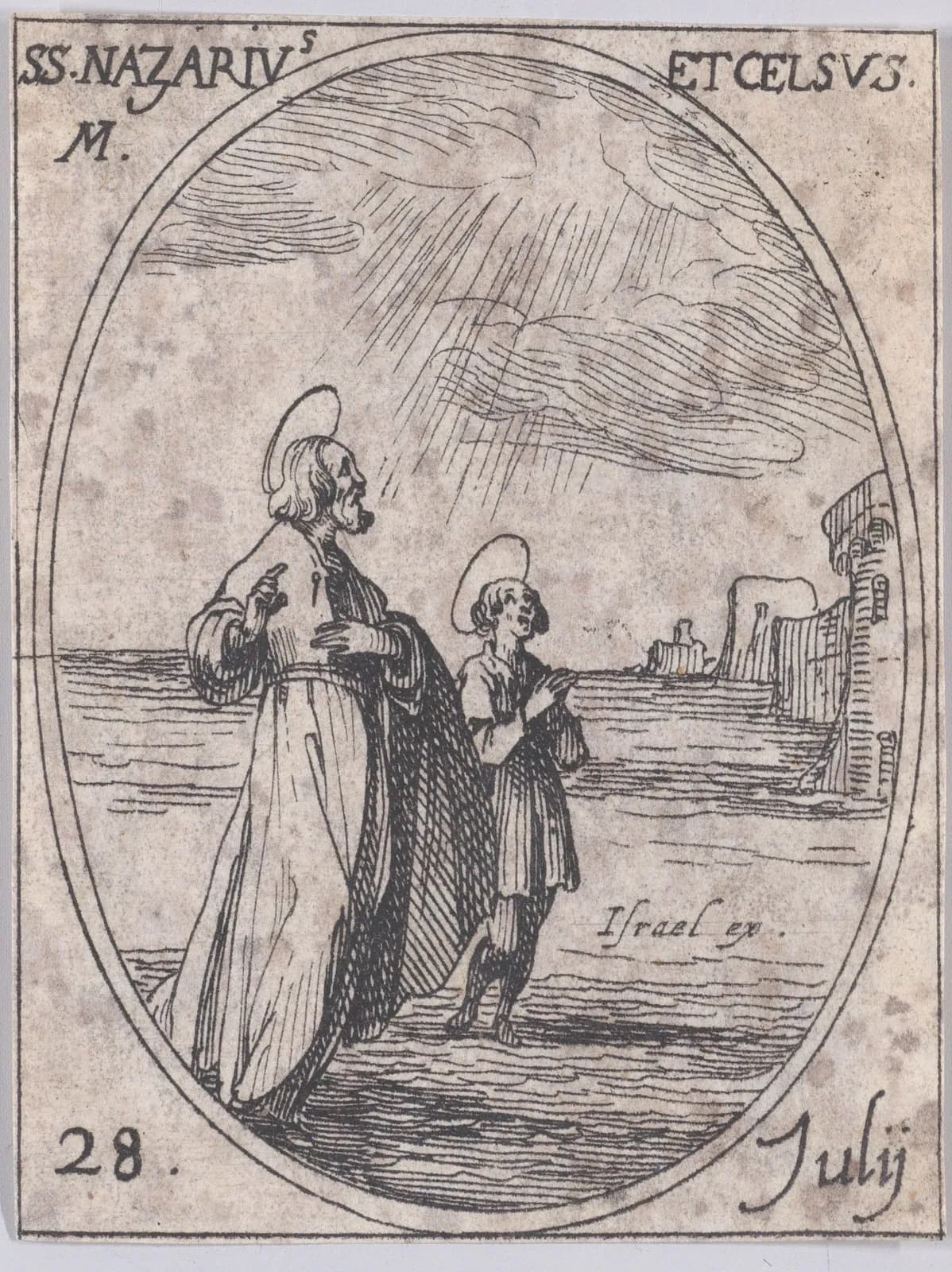 Small seventeenth-century etching in an oval frame of a bearded haloed saint in a long cloak and a haloed boy with folded hands, both standing on the open sea under rays of light from the clouds, with a walled harbor town and a tower behind them, inscribed SS. Nazarius et Celsus M. and 28 Julij