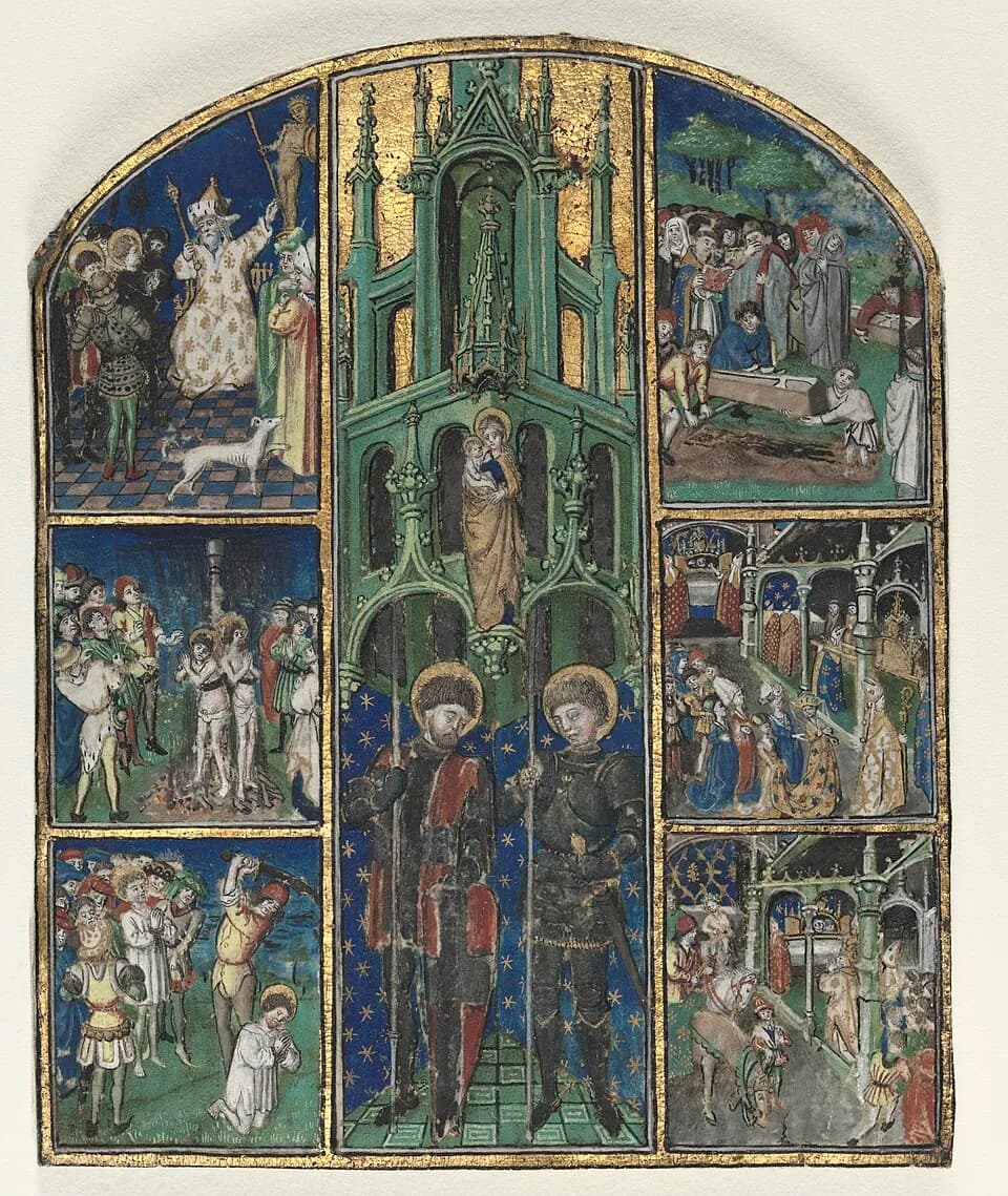 Illuminated manuscript leaf showing two haloed saints in armor holding lances, beneath a Gothic canopy with the Virgin and Child, framed by small scenes of their trial, martyrdom by fire and beheading, and burial