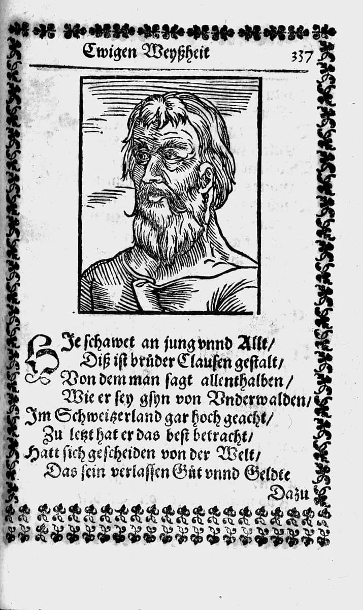 A woodcut page showing a bust of Brother Klaus as a gaunt, bearded man with long hair, above eight lines of German verse in blackletter, inside a printed floral border