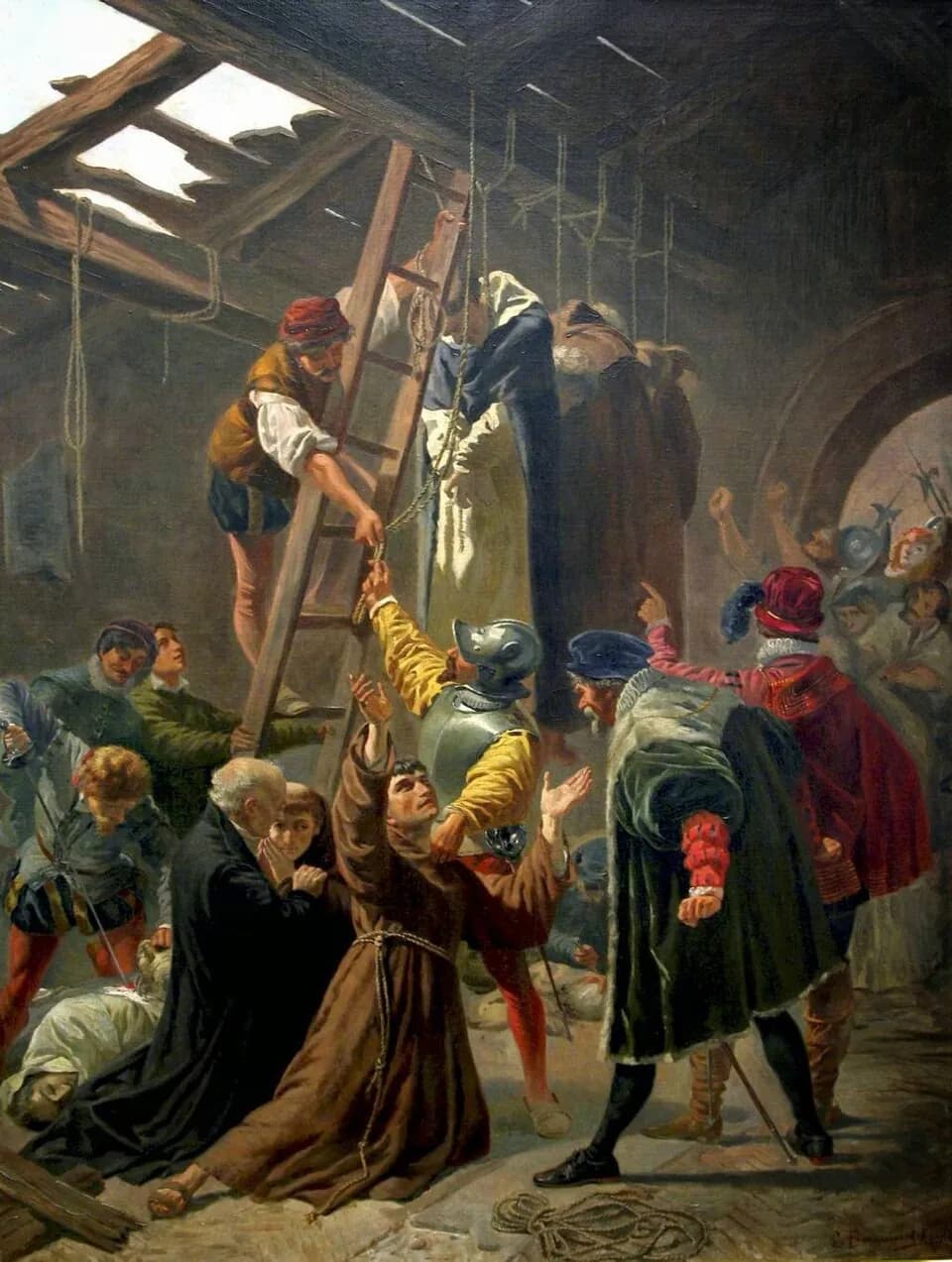 Nineteenth-century painting of the inside of a ruined shed with a broken roof, where a man on a ladder fastens a rope beside the hanging bodies of friars, while below a Franciscan in a brown habit kneels with his arms raised, a helmeted soldier grips his shoulder, and an old priest in black comforts a weeping youth
