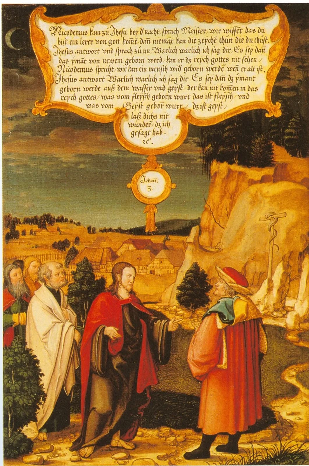 Sixteenth-century German panel painting of Christ in a red cloak talking with Nicodemus, an older man in a red robe and fur-trimmed hat, on a path in a hilly landscape at dusk, with apostles behind Christ, a crescent moon in the sky, a bronze serpent on a pole in the distance, and a gilded cartouche of German text from John 3 above