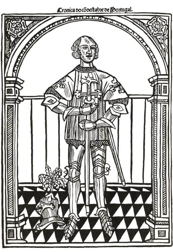 Sixteenth-century woodcut of a bearded knight in plate armor and a surcoat with an emblem on the chest, both hands resting on the hilt of a long sword, standing beneath a round arch before a balustrade, a plumed helmet on the checkered floor at his feet, under the printed heading "Cronica do cõdestabre de Portugal"