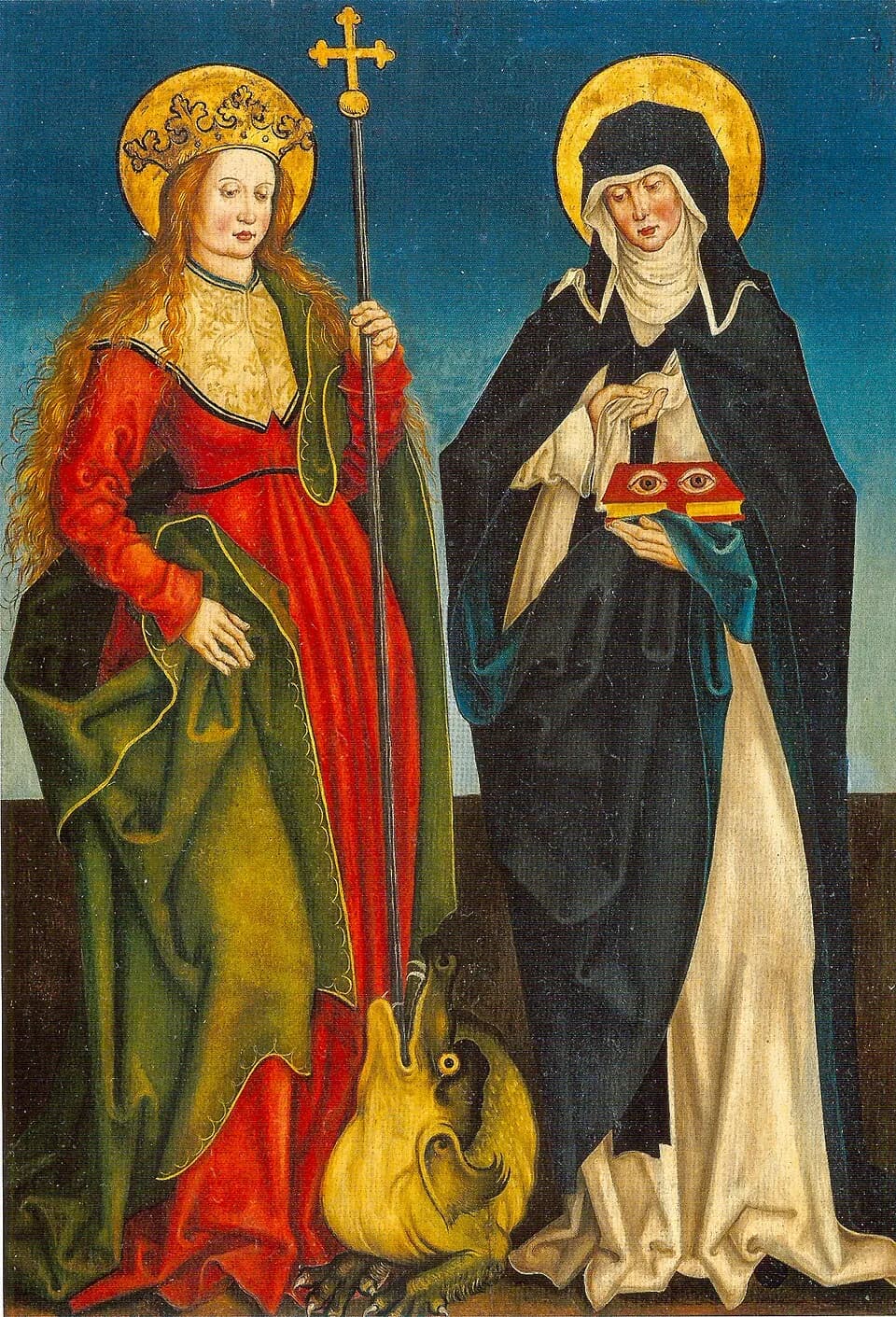 Two haloed women stand side by side: on the left a crowned saint in red and green holds a cross-staff over a dragon, and on the right Saint Odile, in a black mantle and white veil, holds a closed red book with two eyes painted on its cover
