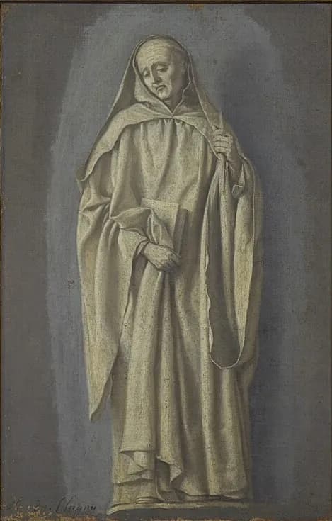 A gray monochrome painting of Saint Odo as an elderly monk in a hooded white habit, eyes lowered, holding a book against his side and a staff in his other hand, standing like a statue against a pale ground