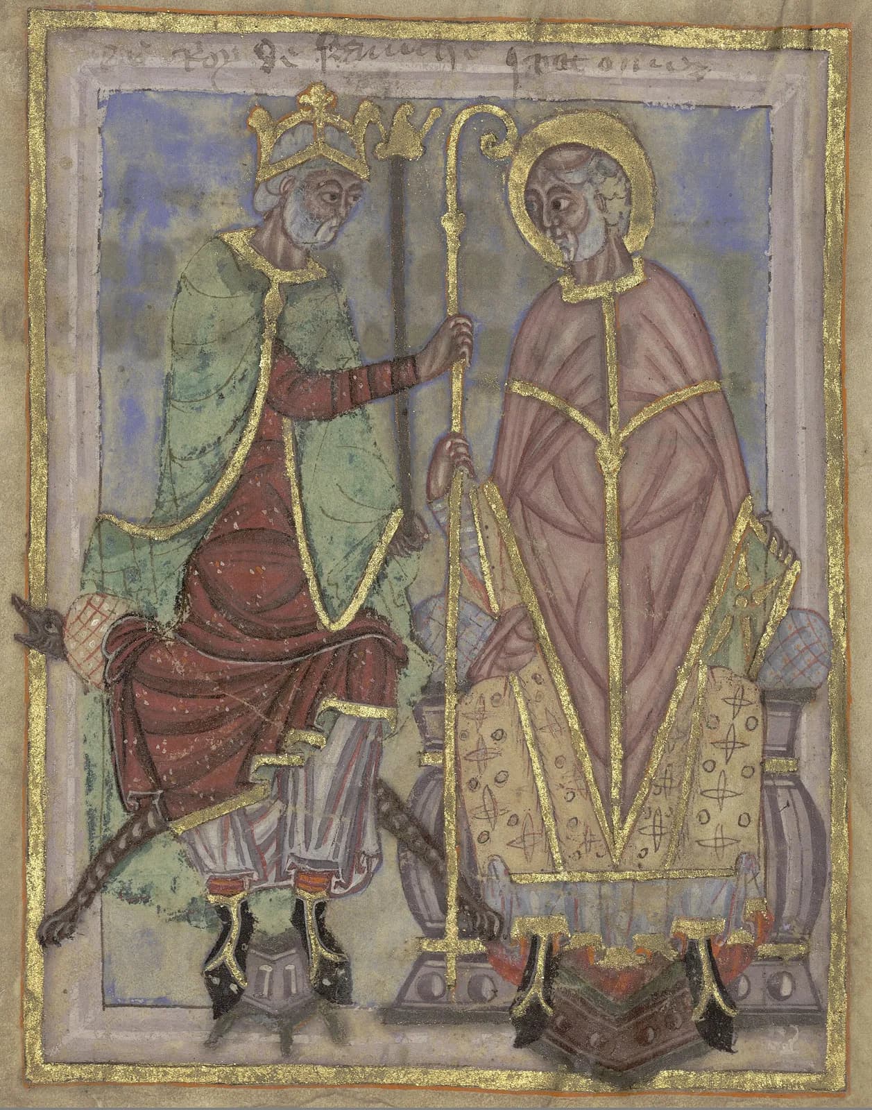 Eleventh-century manuscript painting in a gold frame: a crowned, white-bearded king in a green cloak and red robe, seated on a throne with a beast's head, hands a tall gold crozier to a haloed, gray-haired bishop in a rose-colored chasuble standing on a cushioned seat beside him