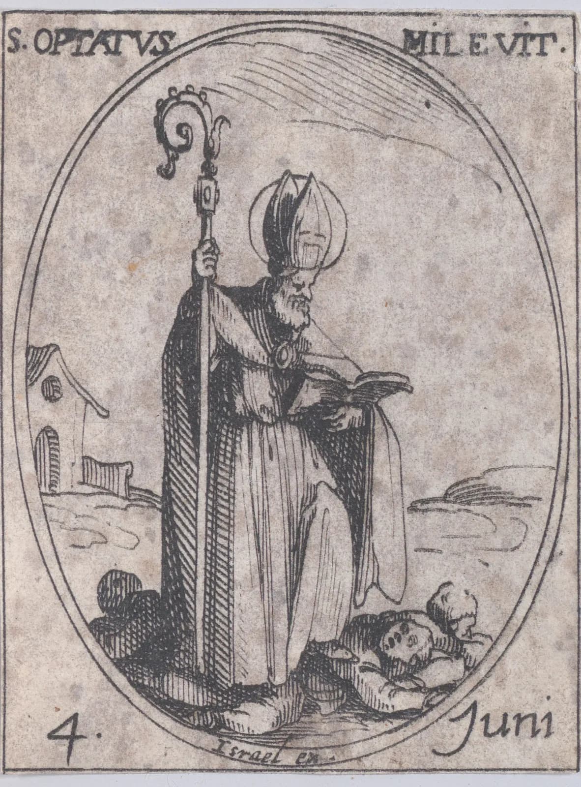 Pequeño aguafuerte del siglo XVII en un marco oval: un obispo barbado con aureola, con mitra y capa pluvial, que sostiene un báculo y lee un libro abierto, con una pequeña iglesia detrás y dos figuras tendidas a sus pies; con la inscripción S. Optatus Milevit. y 4 Juni