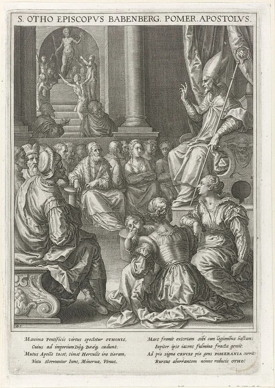 Engraving of a bishop in miter and cope seated at the right with a crozier, raising his hand as he preaches to a crowd of seated men, women and a child, while in the background figures worship a statue of Jupiter; a Latin title above names him apostle of Pomerania