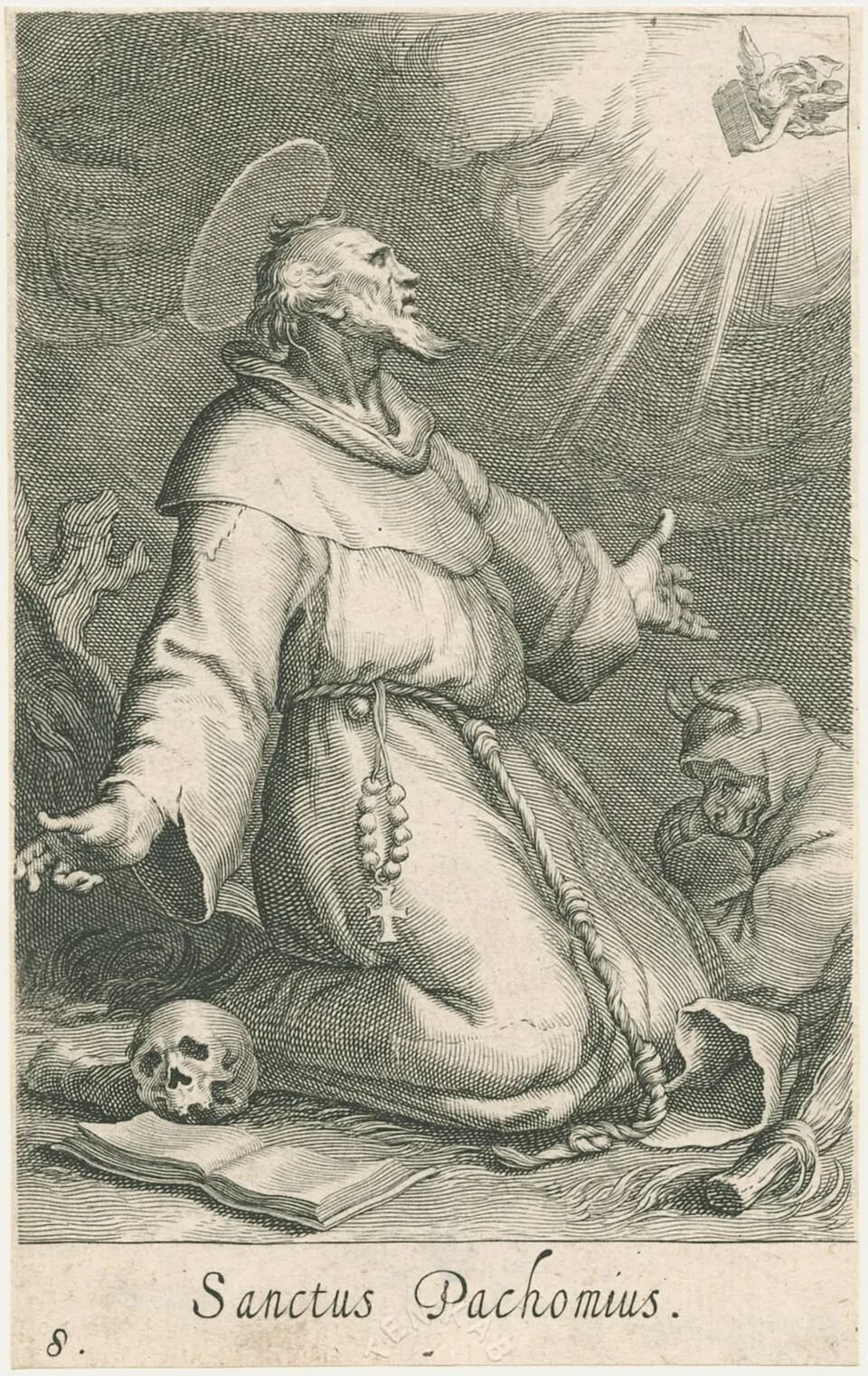 Engraving of an old bearded monk with a halo, kneeling in a hooded habit with a rope belt and beads, arms spread and face lifted toward an angel holding a tablet in a burst of light, with a skull and open book in front of him, a horned hooded figure crouching behind, and the caption Sanctus Pachomius