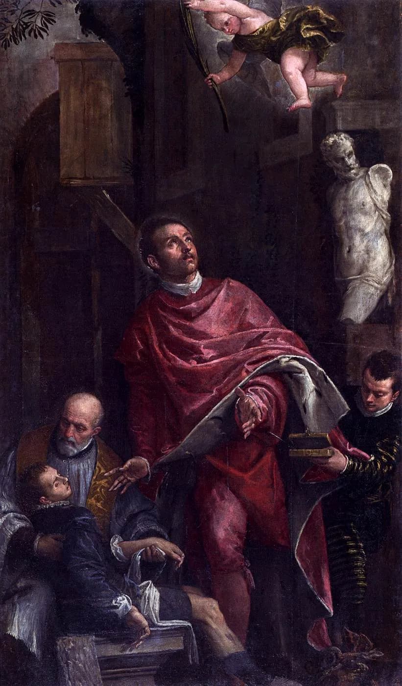 A young man in a crimson cloak looks upward as a cherub descends with a palm branch; beside him an old man in vestments holds a limp boy on his lap, and a young attendant carries a small box