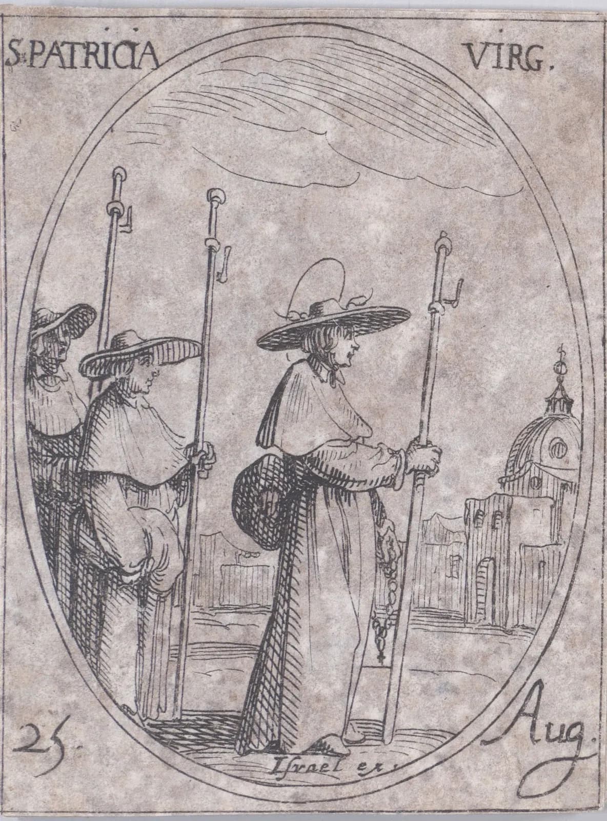 Pequeño aguafuerte del siglo XVII en un marco oval: una joven con aureola, sombrero de peregrino de ala ancha y esclavina corta, con un alto bordón y un rosario al costado, camina con otros dos peregrinos junto a las murallas y la cúpula de una ciudad, con la inscripción S. Patricia Virg. y 25 Aug.