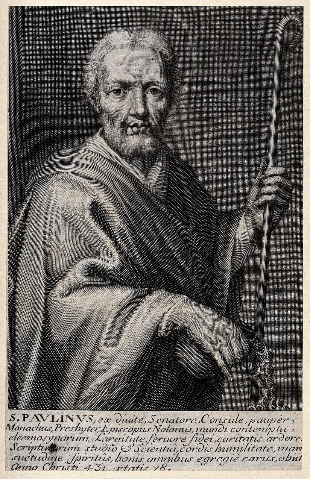 A line engraving of Paulinus of Nola as a bishop with a crozier, a Latin inscription set beneath the figure