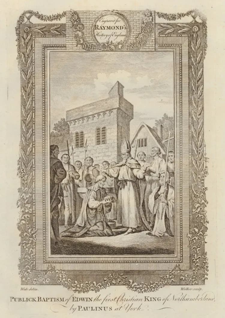 Eighteenth-century engraving in an ornamental frame of a bearded bishop in a miter raising his hands over a king who kneels with his crown held before him, with attendants, spearmen and a stone tower behind them