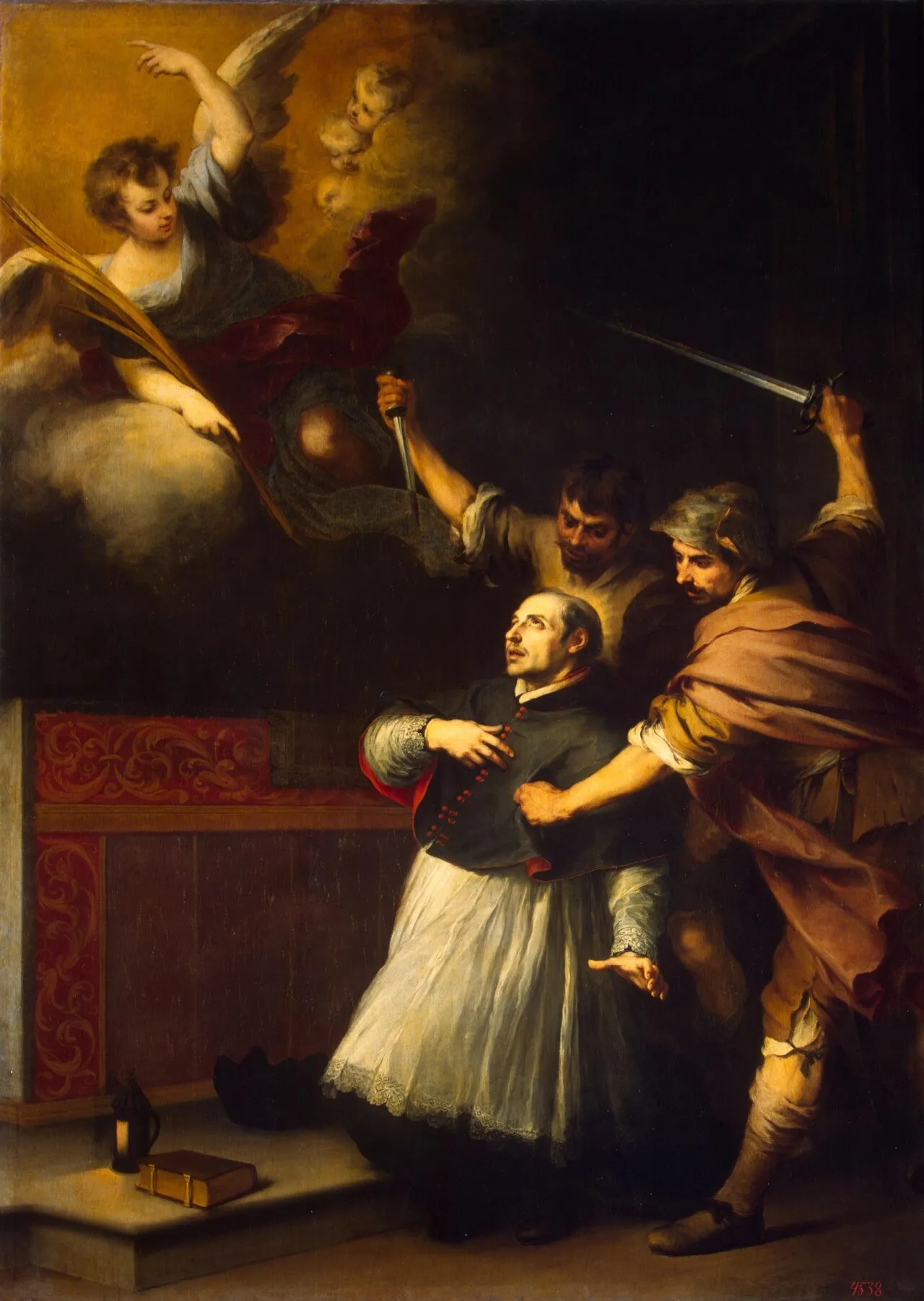 Baroque painting of a priest in a black cape and white surplice staggering before a red-draped altar as two men attack him from behind, one with a raised dagger and one with a raised sword, while an angel on a cloud above holds out a palm branch