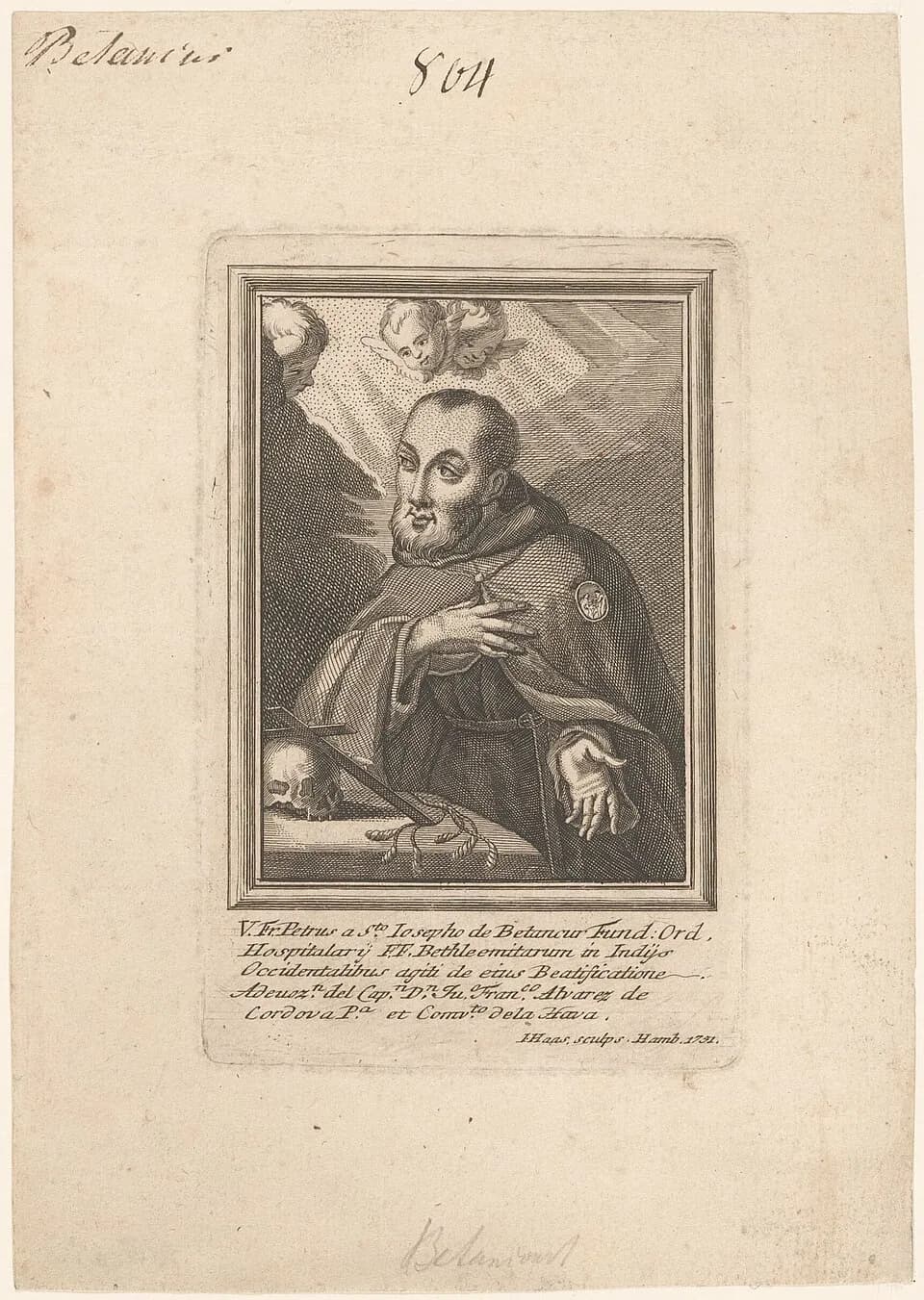 Engraving, printed on a sheet of old paper, of a bearded, balding man in the cloak of a Franciscan tertiary with one hand on his breast and the other held open, a skull and a cross on the table before him, cherubs above, and a Latin inscription naming him below