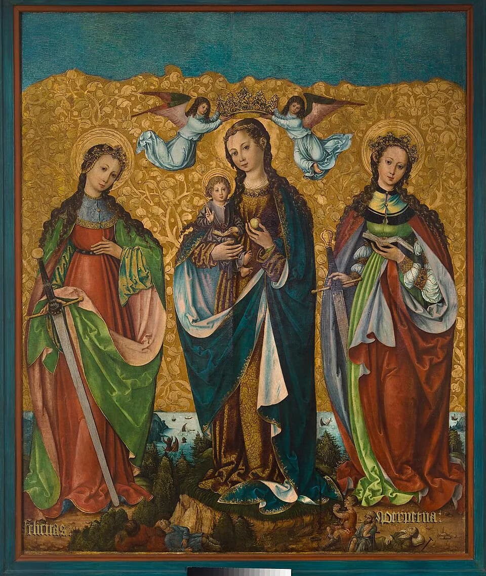 A Polish panel painting of the Virgin and Child crowned by two angels against a gold background, with Saint Felicity on the left and Saint Perpetua on the right, each holding a sword and named in painted letters at their feet