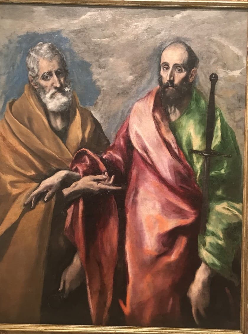 El Greco's painting of Saints Peter and Paul standing together, Peter in an ochre cloak holding keys and Paul in red and green resting his hand on a sword